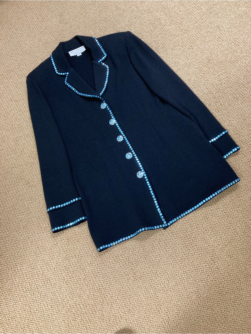 St. John Couturier 2 piece Knit Blazer & Skirt with Blue Rhinestones 6-8
